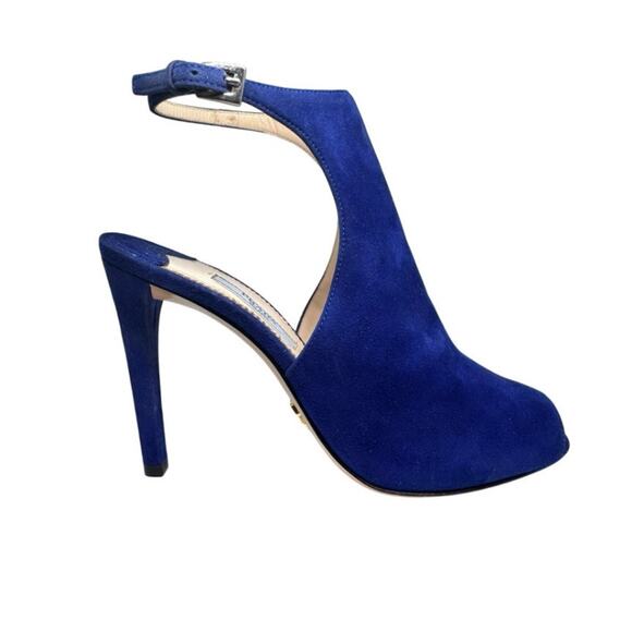 PRADA NAVY BLUE SUEDE MULE ANKLE CLOSURE HIGH HEEL SHOES 37 7 - Picture 1 of 11